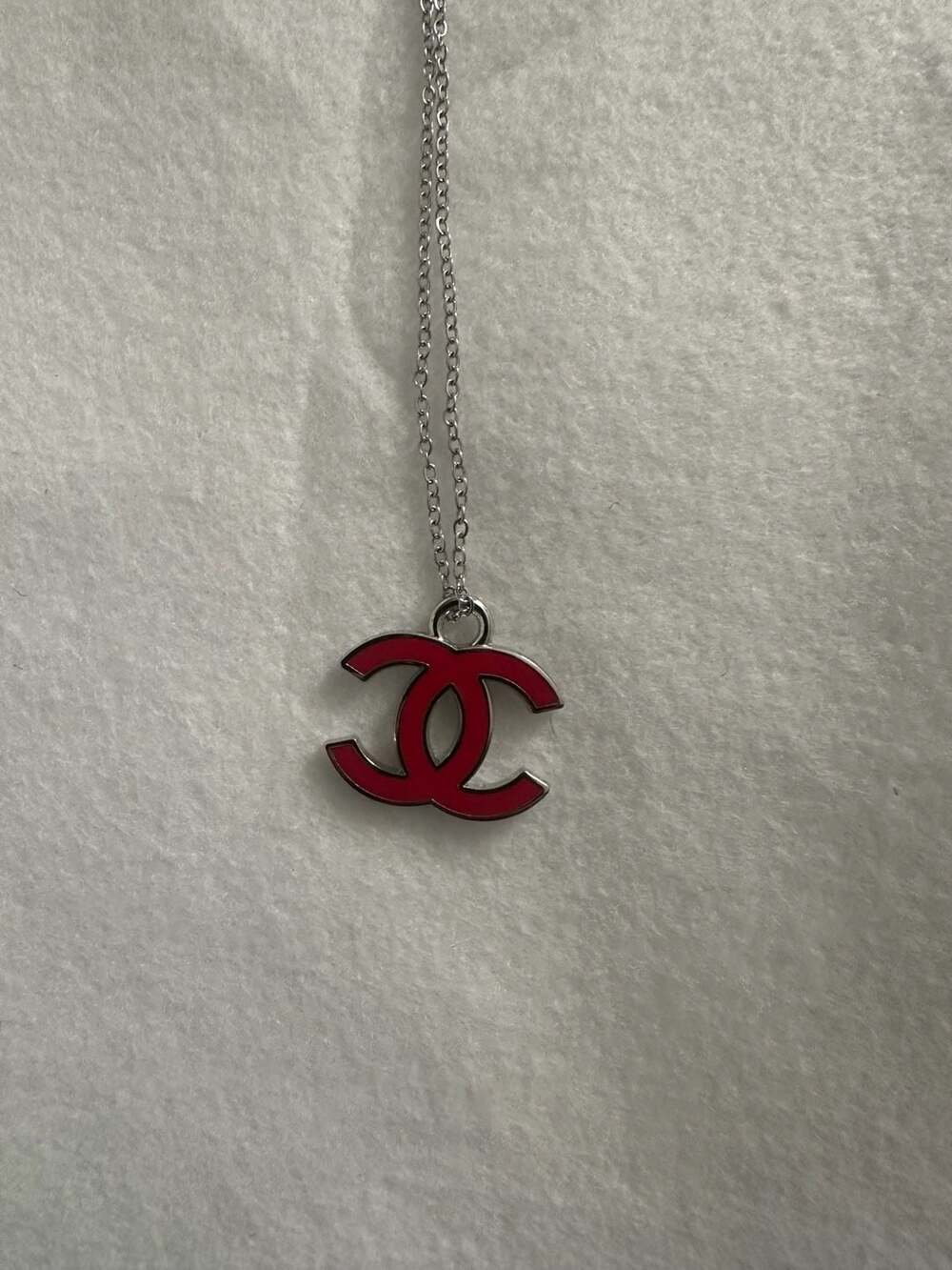 Chanel CC Pendant Necklace Red Enamel Silver Tone